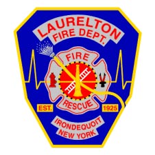A patch-shaped badge with "Laurelton Fire Dept." at the top, a fire rescue emblem in the center, and "Irondequoit, New York" at the bottom. Yellow lines and firefighting symbols decorate the blue background.