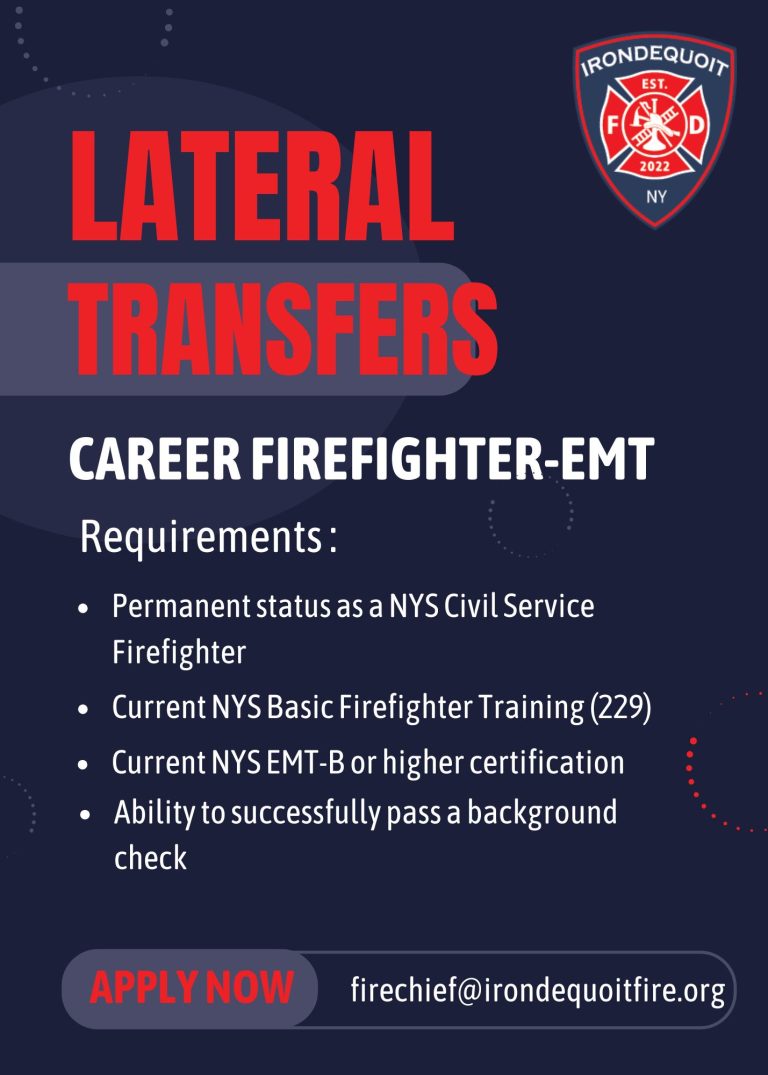 A recruitment flyer for Irondequoit Fire Department seeking lateral transfers for Career Firefighter-EMT positions. Requirements and contact information are listed, with red and white text on a dark background.