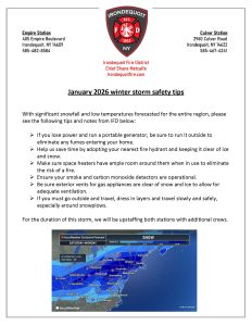 A safety tips flyer from the Irondequoit Fire District provides winter storm advice, contact details, and a snow accumulation map, reminding residents to stay indoors, use generators safely, and clear home exits.