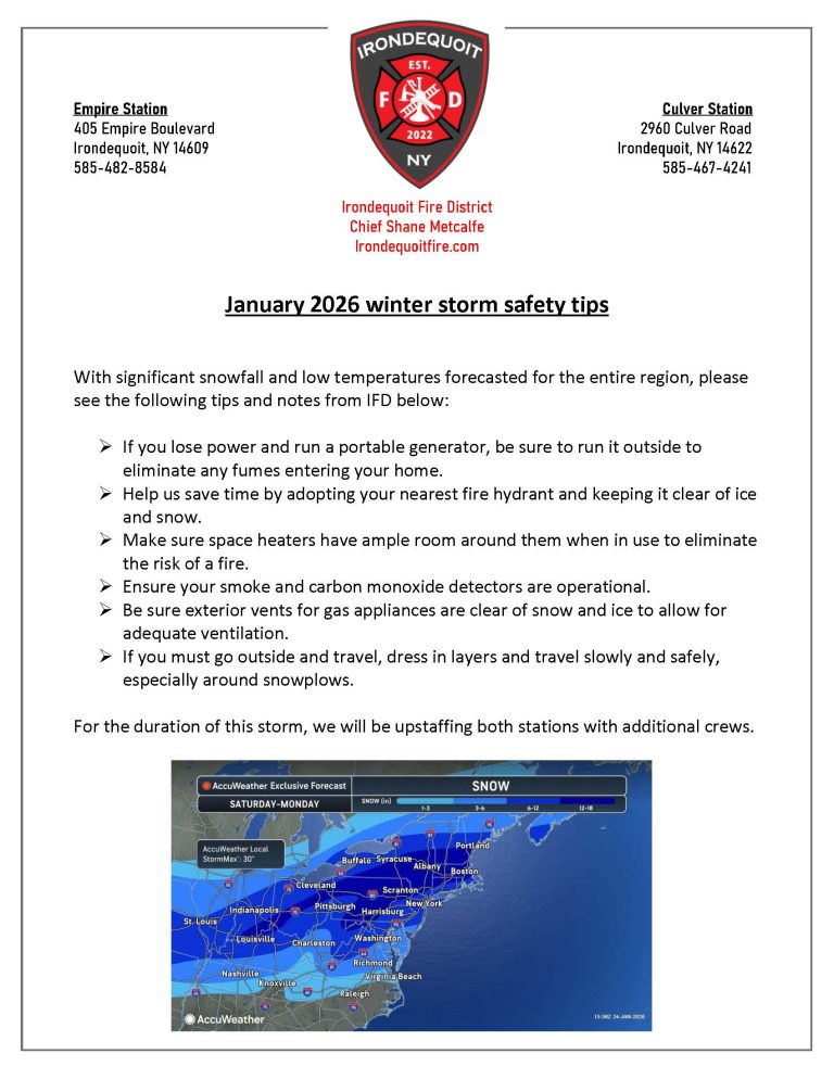 A safety tips flyer from the Irondequoit Fire District provides winter storm advice, contact details, and a snow accumulation map, reminding residents to stay indoors, use generators safely, and clear home exits.