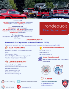 A flyer for Irondequoit Fire Department featuring a fire truck, key staff, 2025 stats, awards, grants, community services, and contact info, with red and blue accents and the department’s logo.